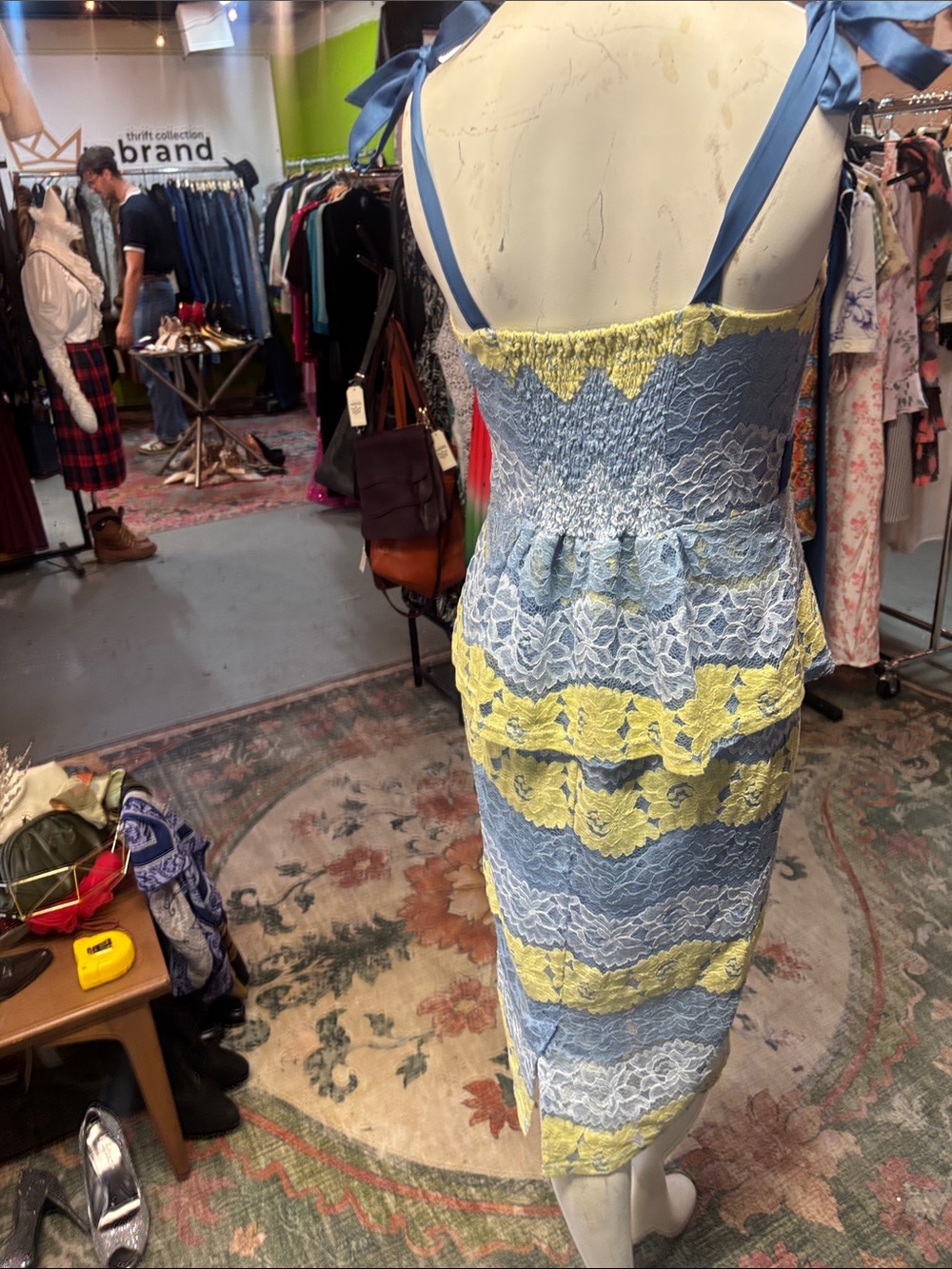 Traffic People Blue and Yellow Lace Tie-Shoulder Midi Dress - Picture 7 of 7
